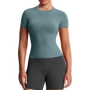 image:imageAoxjox Womens Casual Basic Tee HIGH Elastic Cotton TShirt Short Sleeve Tops Everyday Crew Neck Slim Fit Y2kDeep Lagoon