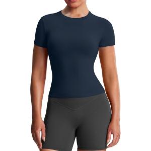 image:imageAoxjox Womens Casual Basic Tee HIGH Elastic Cotton TShirt Short Sleeve Tops Everyday Crew Neck Slim Fit Y2kNavy