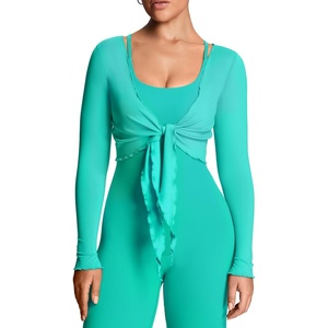 image:imageAoxjox Womens Athlenza Ruffle Wrap Tie Front Tops Long Sleeve Shrug Crop Top Ballet Yoga Workout CardiganDeep Teal