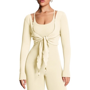 image:imageAoxjox Womens Athlenza Ruffle Wrap Tie Front Tops Long Sleeve Shrug Crop Top Ballet Yoga Workout CardiganOat Milk