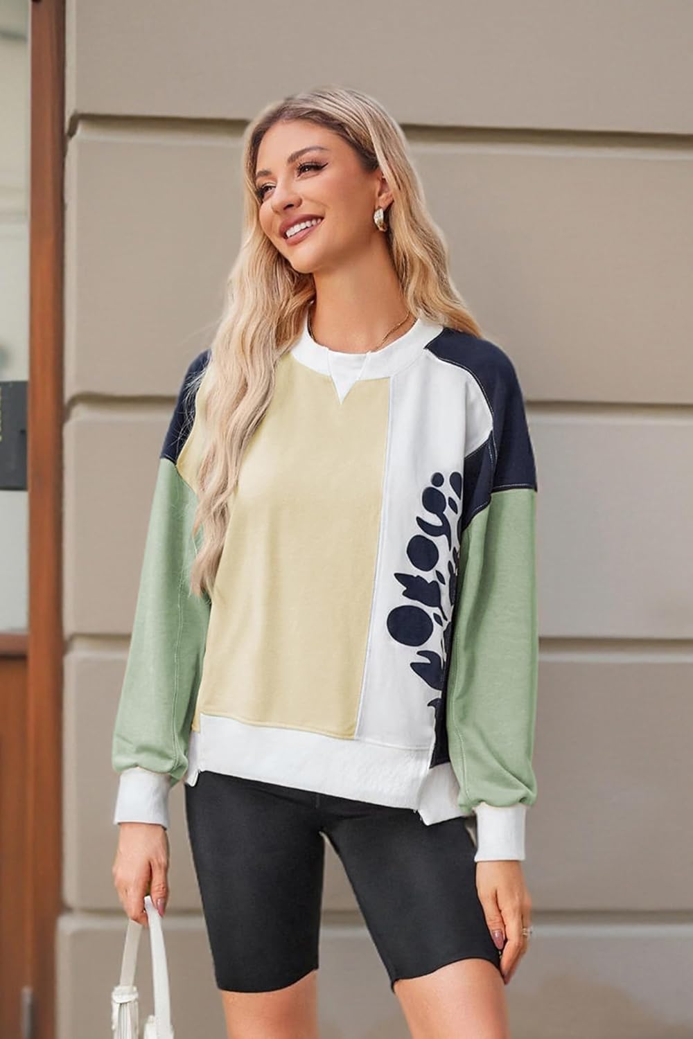 ECOWISH Oversized Sweatshirt for Women Color Block Crewneck Long Sleeve Shirts Casual Workout Pullover Tops Fall ClothesApricot Green