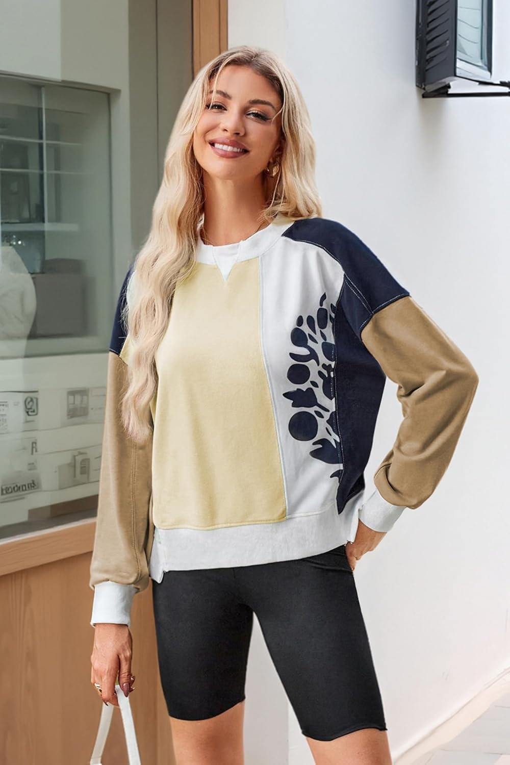ECOWISH Oversized Sweatshirt for Women Color Block Crewneck Long Sleeve Shirts Casual Workout Pullover Tops Fall ClothesApricot Khaki