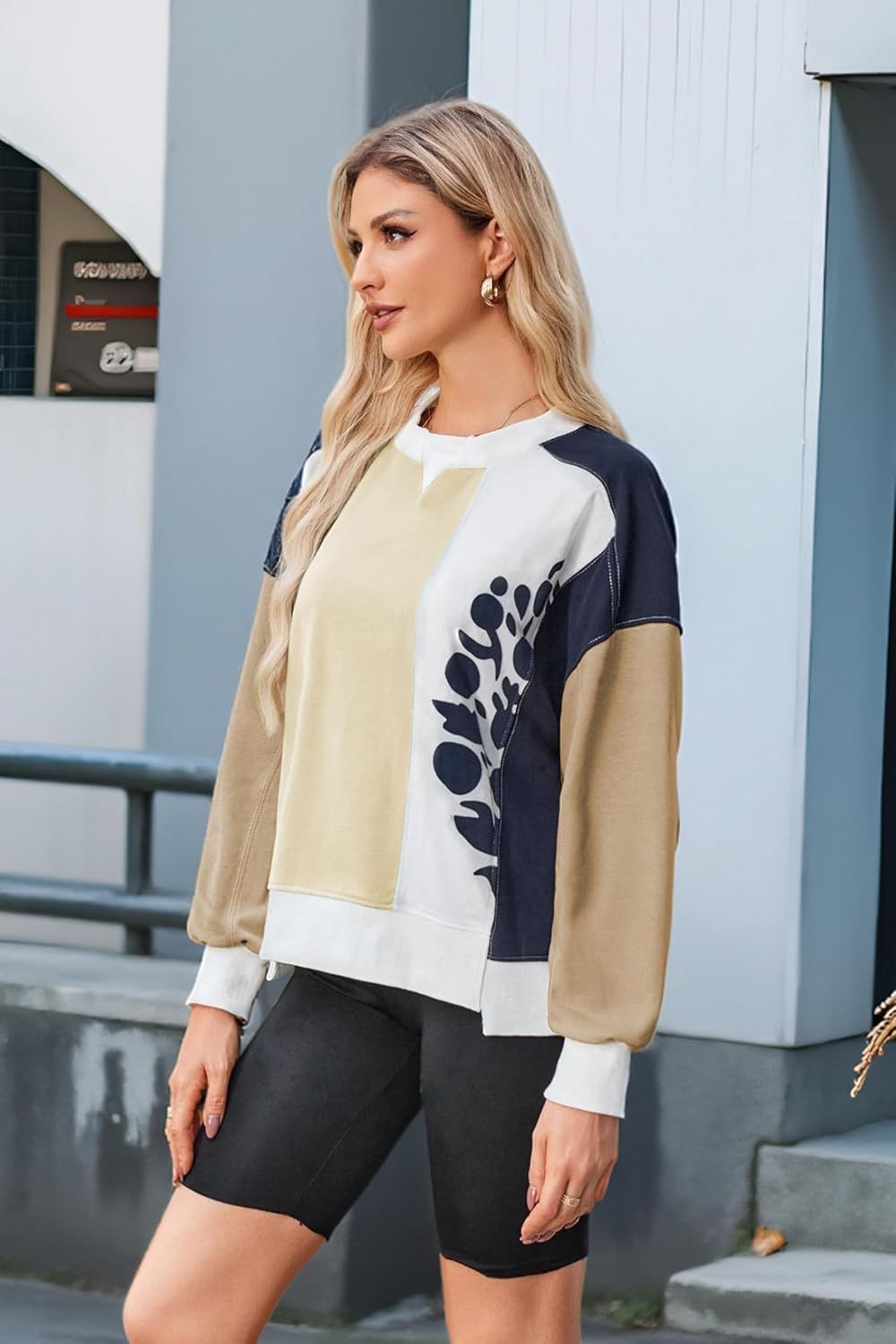 ECOWISH Oversized Sweatshirt for Women Color Block Crewneck Long Sleeve Shirts Casual Workout Pullover Tops Fall ClothesApricot Khaki