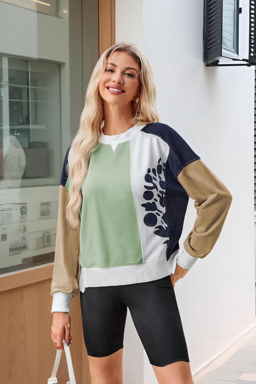 ECOWISH Oversized Sweatshirt for Women Color Block Crewneck Long Sleeve Shirts Casual Workout Pullover Tops Fall ClothesGreen Khaki V