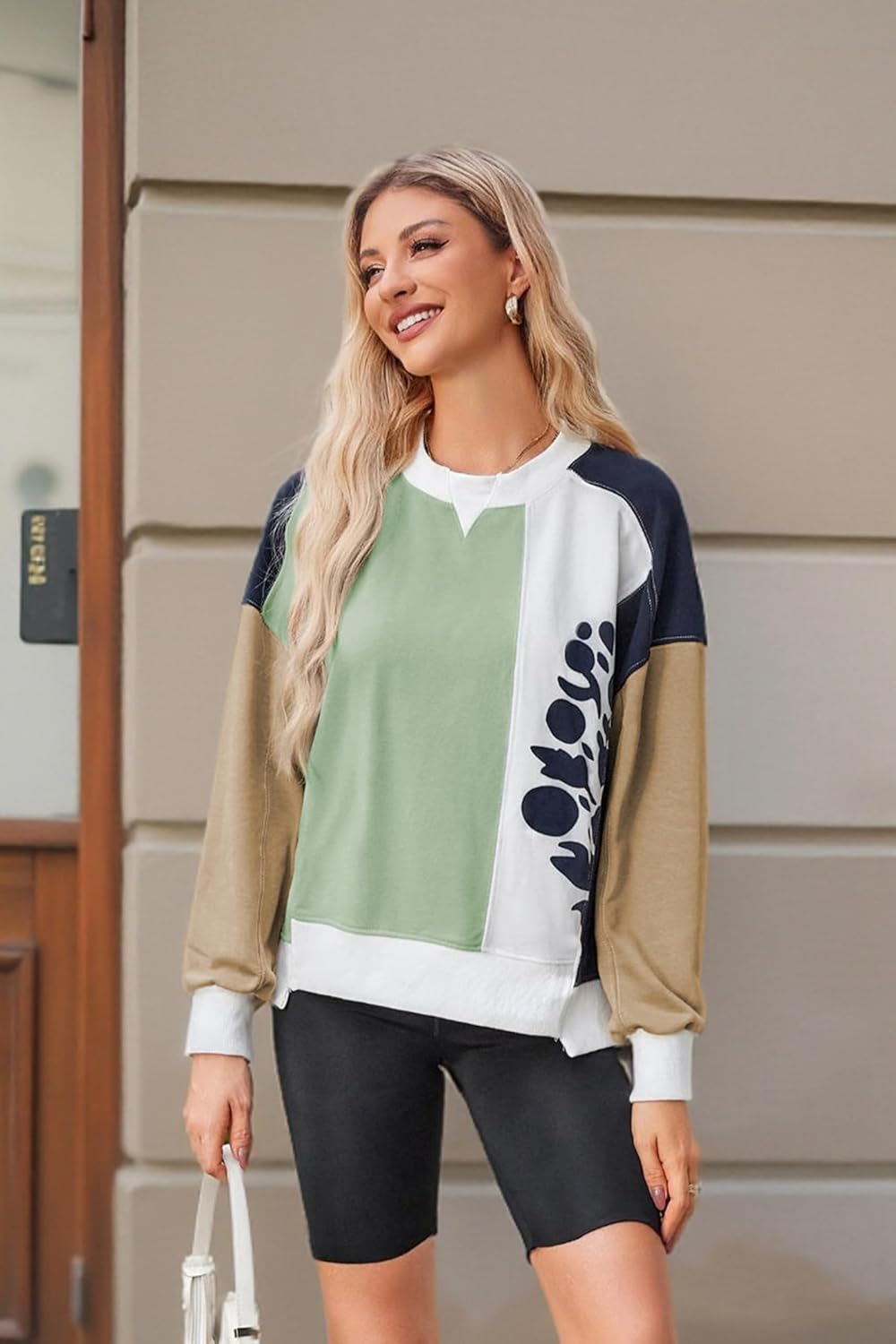 ECOWISH Oversized Sweatshirt for Women Color Block Crewneck Long Sleeve Shirts Casual Workout Pullover Tops Fall ClothesGreen Khaki V