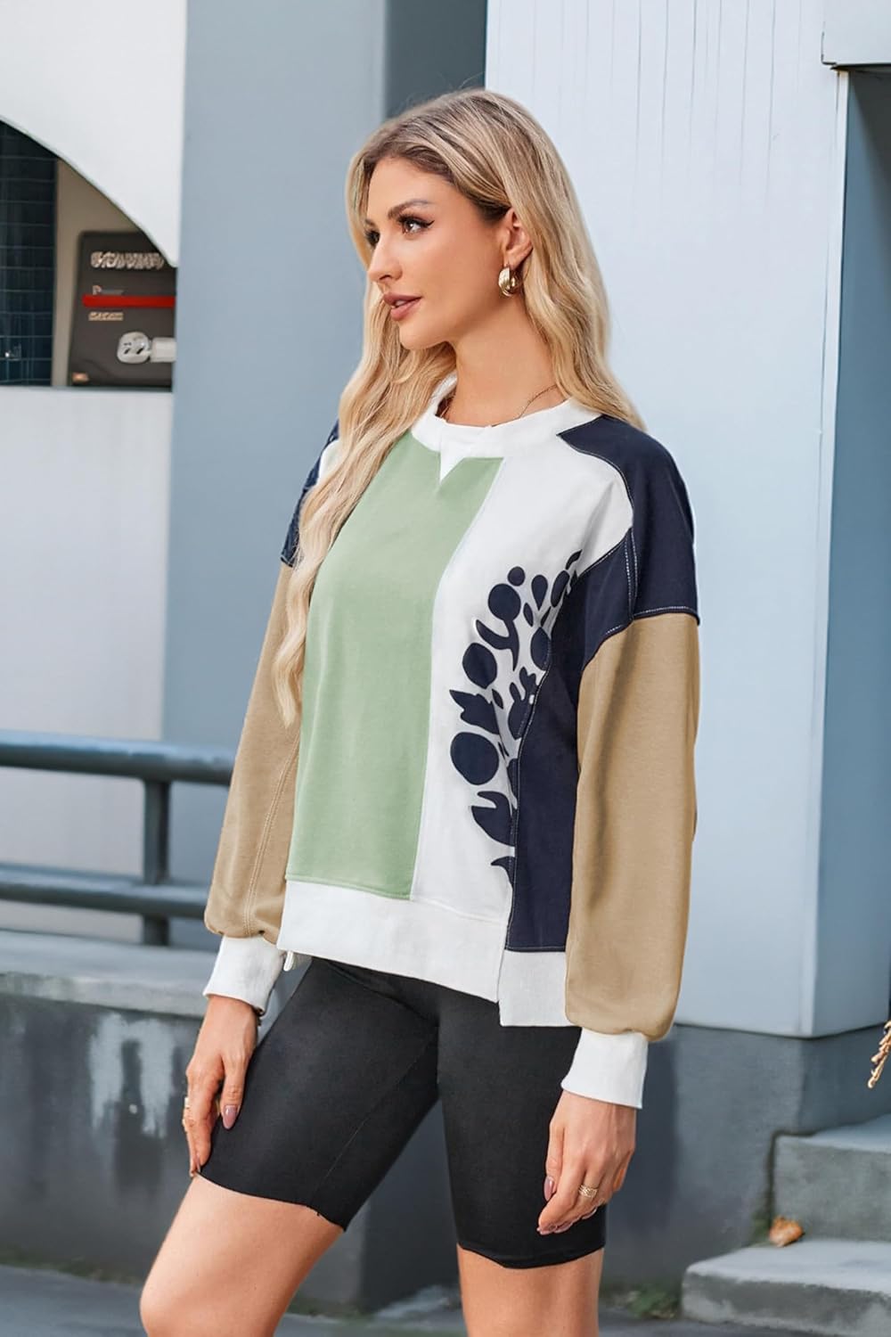 ECOWISH Oversized Sweatshirt for Women Color Block Crewneck Long Sleeve Shirts Casual Workout Pullover Tops Fall ClothesGreen Khaki V