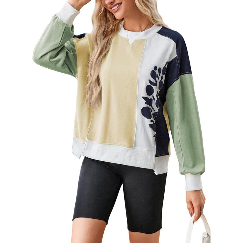 ECOWISH Oversized Sweatshirt for Women Color Block Crewneck Long Sleeve Shirts Casual Workout Pullover Tops Fall ClothesApricot Green
