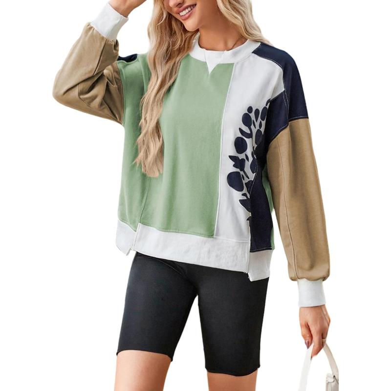 ECOWISH Oversized Sweatshirt for Women Color Block Crewneck Long Sleeve Shirts Casual Workout Pullover Tops Fall ClothesGreen Khaki V