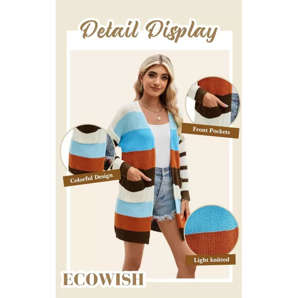 ECOWISH Cardigan Sweaters for Women Fall Causal Color Block Striped Long Sleeve Open Front Cozy Knitted Coats Spring OutwearDark Brown