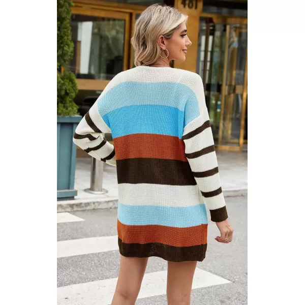 ECOWISH Cardigan Sweaters for Women Fall Causal Color Block Striped Long Sleeve Open Front Cozy Knitted Coats Spring OutwearDark Brown