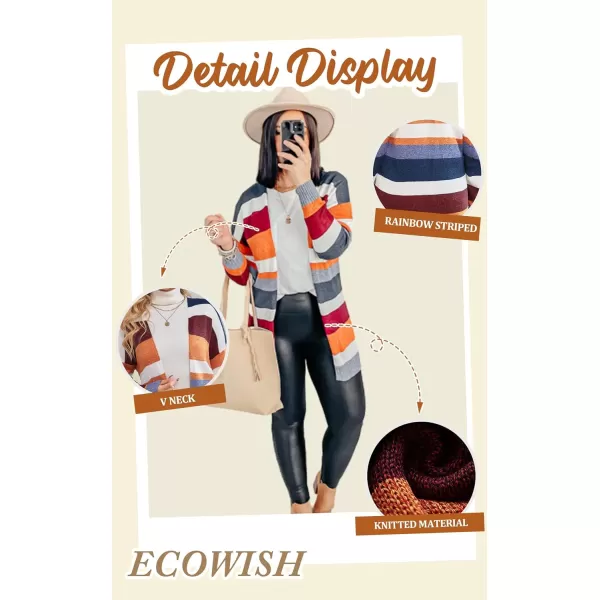 ECOWISH Cardigan Sweaters for Women Lightweight Fall Color Block Striped Long Sleeve Open Front Cozy Knitted Coats Outwear Medium PinkPeach and White