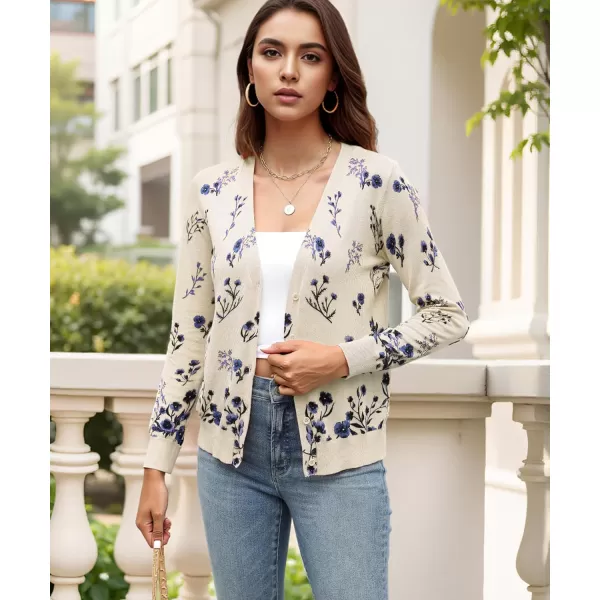 ECOWISH Cardigan Sweaters for Women Lightweight Fall Dressy Long Sleeve Knitted Floral Printed Open Front Button Down VNeckBeige