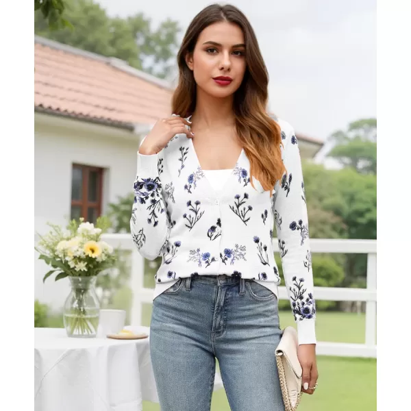 ECOWISH Cardigan Sweaters for Women Lightweight Fall Dressy Long Sleeve Knitted Floral Printed Open Front Button Down VNeckWhite