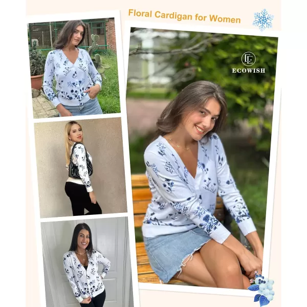 ECOWISH Cardigan Sweaters for Women Lightweight Fall Dressy Long Sleeve Knitted Floral Printed Open Front Button Down VNeckWhite