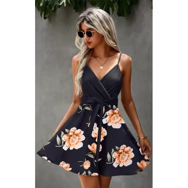 ECOWISH Dresses for Women 2024 Summer VNeck Spaghetti Strap Bowknot Backless Sleeveless Lace Mini Swing Skater Dress3254 Black Pink