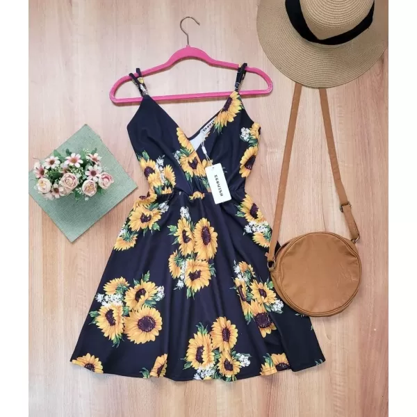 ECOWISH Dresses for Women 2024 Summer VNeck Spaghetti Strap Bowknot Backless Sleeveless Lace Mini Swing Skater Dress594 Navy Blue Sunflower