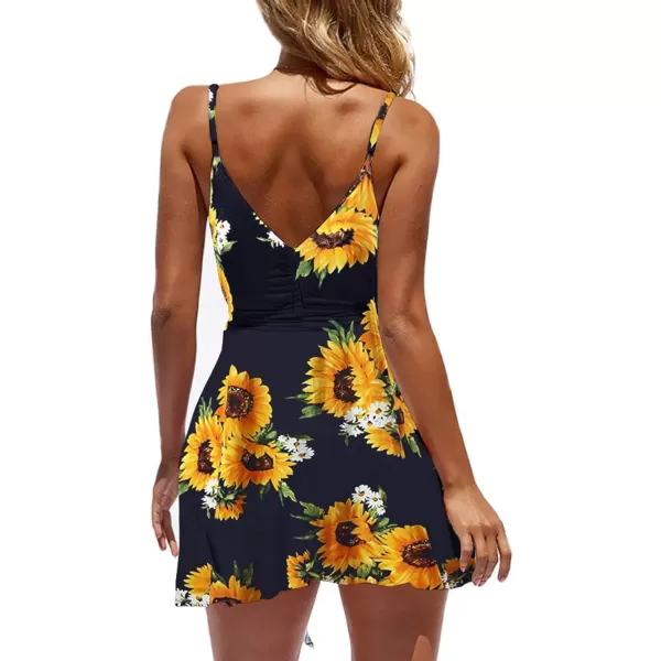 ECOWISH Dresses for Women 2024 Summer VNeck Spaghetti Strap Bowknot Backless Sleeveless Lace Mini Swing Skater Dress594 Navy Blue Sunflower