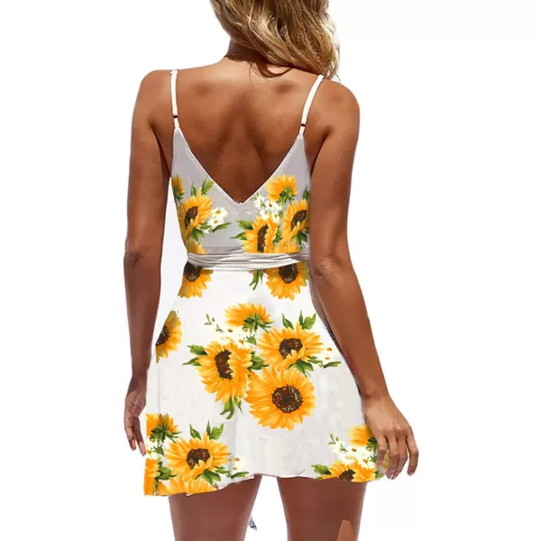 ECOWISH Dresses for Women 2024 Summer VNeck Spaghetti Strap Bowknot Backless Sleeveless Lace Mini Swing Skater Dress594 White Sunflower