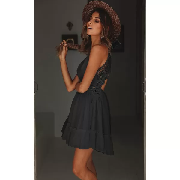 ECOWISH Dresses for Women 2024 Summer VNeck Spaghetti Strap Bowknot Backless Sleeveless Lace Mini Swing Skater DressBlack 2
