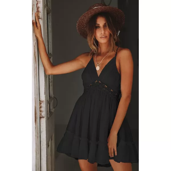 ECOWISH Dresses for Women 2024 Summer VNeck Spaghetti Strap Bowknot Backless Sleeveless Lace Mini Swing Skater DressBlack 2