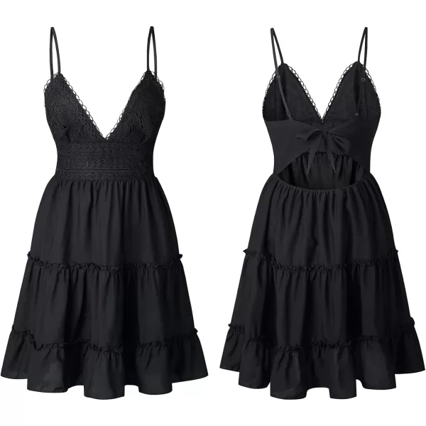 ECOWISH Dresses for Women 2024 Summer VNeck Spaghetti Strap Bowknot Backless Sleeveless Lace Mini Swing Skater DressBlack