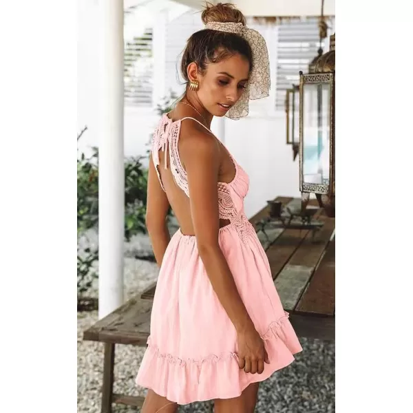 ECOWISH Dresses for Women 2024 Summer VNeck Spaghetti Strap Bowknot Backless Sleeveless Lace Mini Swing Skater DressPink