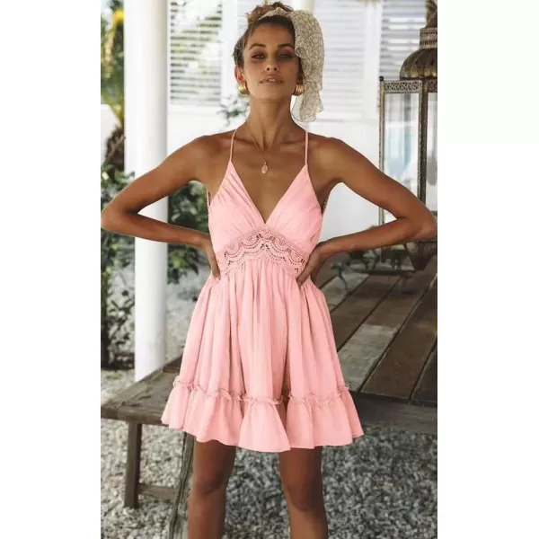 ECOWISH Dresses for Women 2024 Summer VNeck Spaghetti Strap Bowknot Backless Sleeveless Lace Mini Swing Skater DressPink
