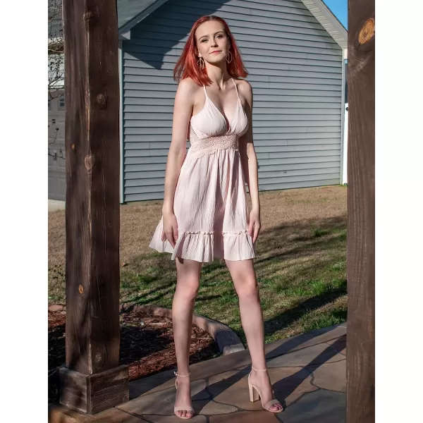 ECOWISH Dresses for Women 2024 Summer VNeck Spaghetti Strap Bowknot Backless Sleeveless Lace Mini Swing Skater DressPink
