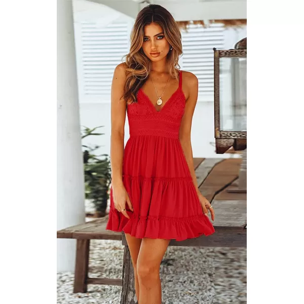ECOWISH Dresses for Women 2024 Summer VNeck Spaghetti Strap Bowknot Backless Sleeveless Lace Mini Swing Skater DressRed