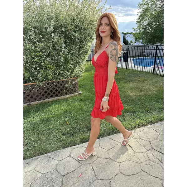 ECOWISH Dresses for Women 2024 Summer VNeck Spaghetti Strap Bowknot Backless Sleeveless Lace Mini Swing Skater DressRed