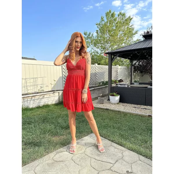 ECOWISH Dresses for Women 2024 Summer VNeck Spaghetti Strap Bowknot Backless Sleeveless Lace Mini Swing Skater DressRed