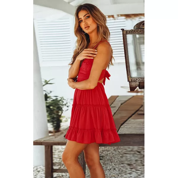 ECOWISH Dresses for Women 2024 Summer VNeck Spaghetti Strap Bowknot Backless Sleeveless Lace Mini Swing Skater DressRed
