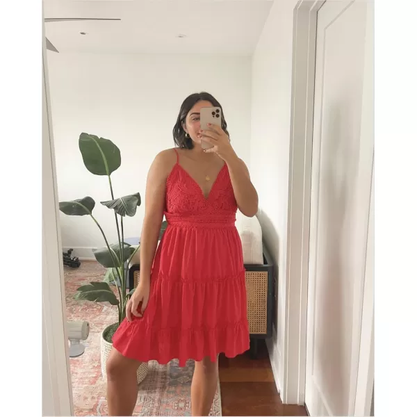 ECOWISH Dresses for Women 2024 Summer VNeck Spaghetti Strap Bowknot Backless Sleeveless Lace Mini Swing Skater DressRed