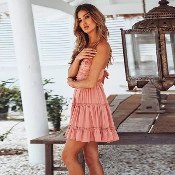 ECOWISH Dresses for Women 2024 Summer VNeck Spaghetti Strap Bowknot Backless Sleeveless Lace Mini Swing Skater DressRose Pink