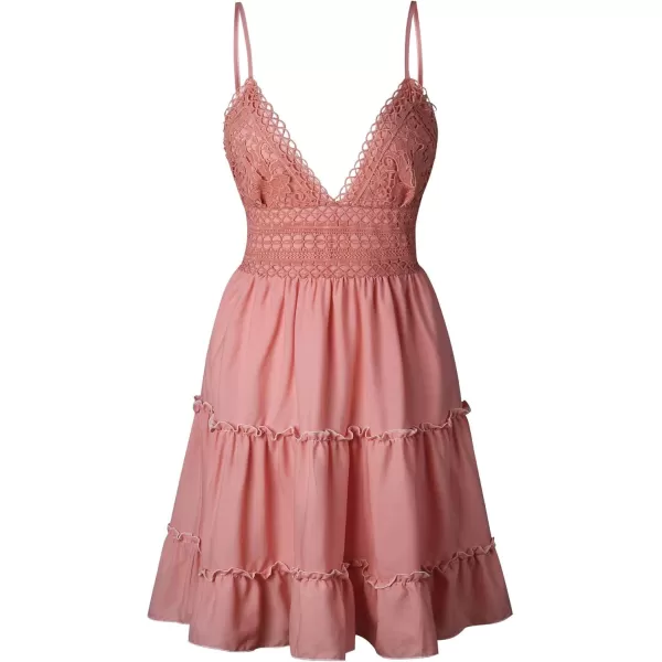 ECOWISH Dresses for Women 2024 Summer VNeck Spaghetti Strap Bowknot Backless Sleeveless Lace Mini Swing Skater DressRose Pink