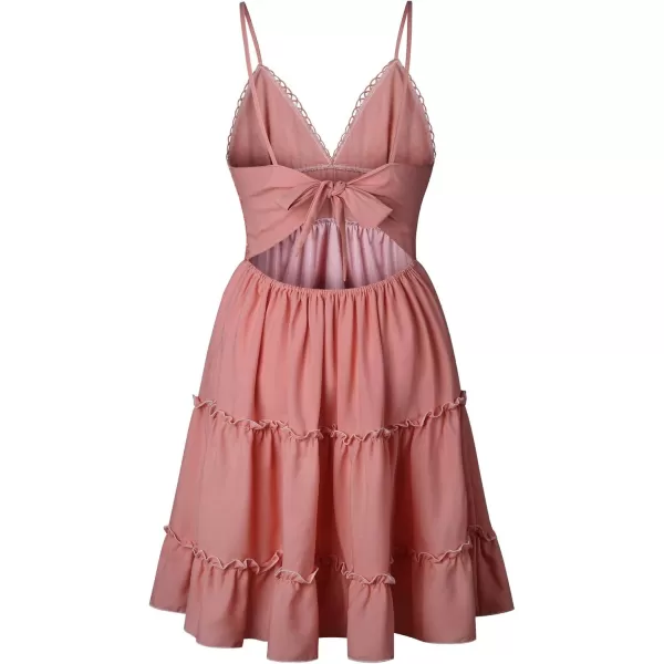 ECOWISH Dresses for Women 2024 Summer VNeck Spaghetti Strap Bowknot Backless Sleeveless Lace Mini Swing Skater DressRose Pink