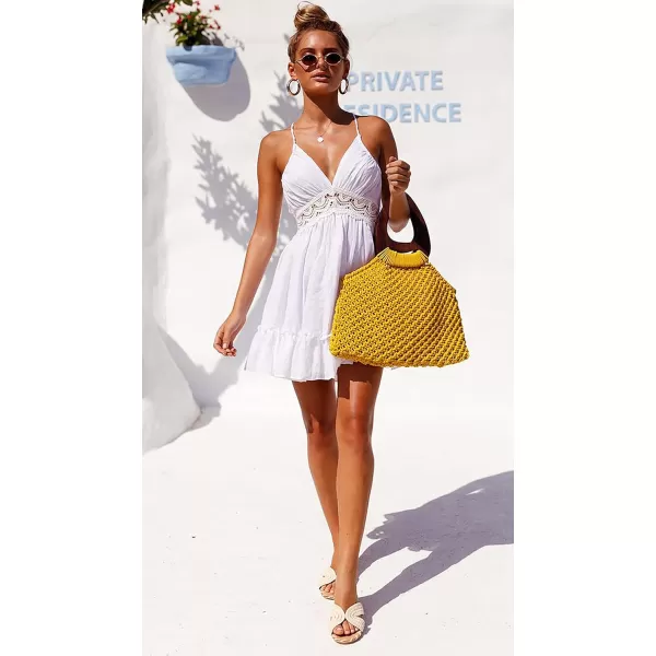 ECOWISH Dresses for Women 2024 Summer VNeck Spaghetti Strap Bowknot Backless Sleeveless Lace Mini Swing Skater DressWhite 2