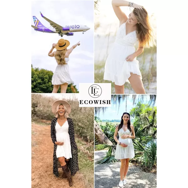 ECOWISH Dresses for Women 2024 Summer VNeck Spaghetti Strap Bowknot Backless Sleeveless Lace Mini Swing Skater DressWhite