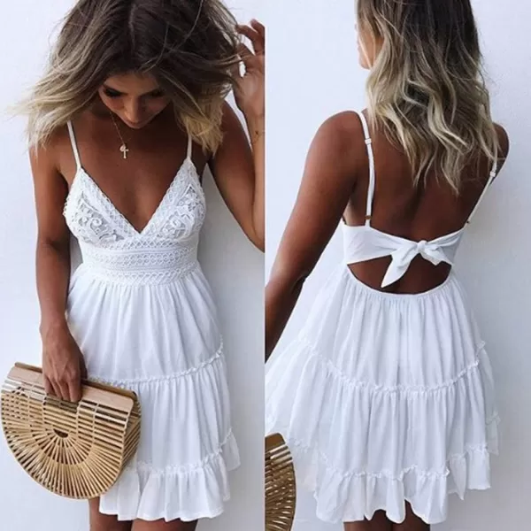 ECOWISH Dresses for Women 2024 Summer VNeck Spaghetti Strap Bowknot Backless Sleeveless Lace Mini Swing Skater DressWhite