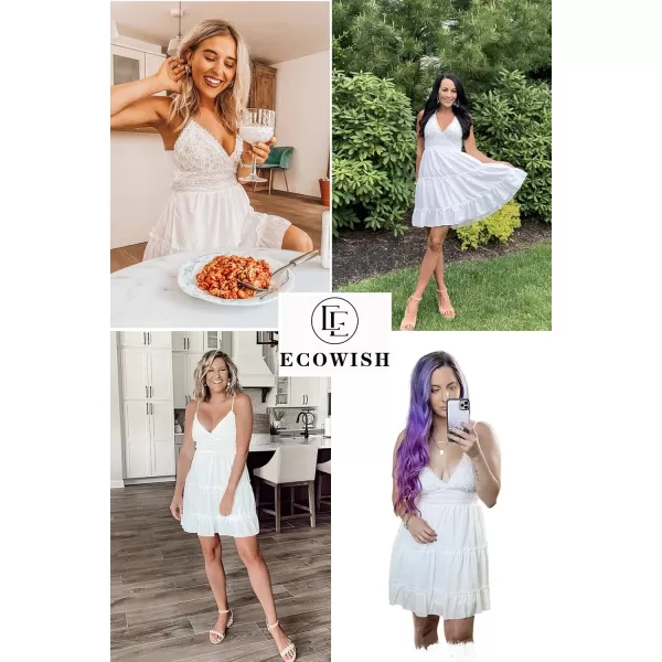 ECOWISH Dresses for Women 2024 Summer VNeck Spaghetti Strap Bowknot Backless Sleeveless Lace Mini Swing Skater DressWhite