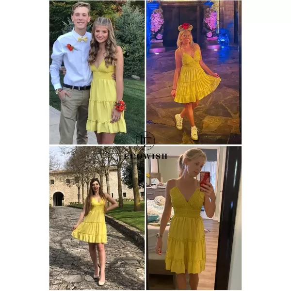ECOWISH Dresses for Women 2024 Summer VNeck Spaghetti Strap Bowknot Backless Sleeveless Lace Mini Swing Skater DressYellow