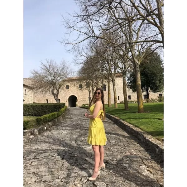 ECOWISH Dresses for Women 2024 Summer VNeck Spaghetti Strap Bowknot Backless Sleeveless Lace Mini Swing Skater DressYellow