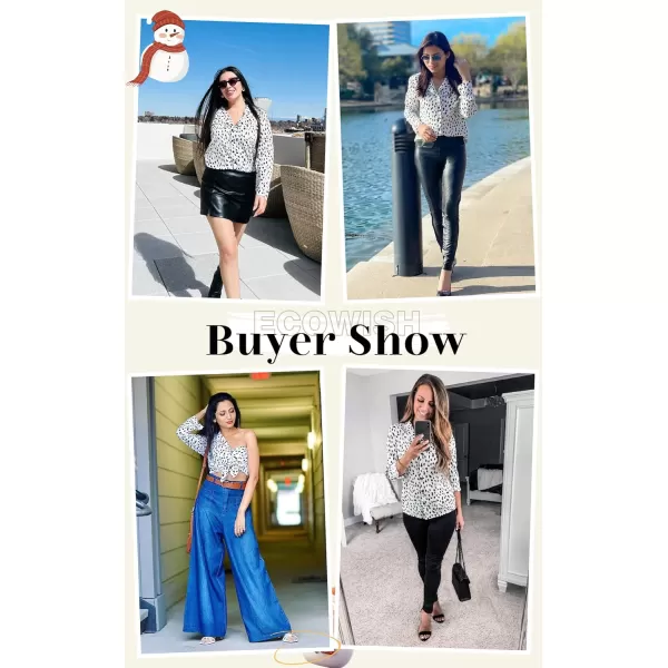 ECOWISH Long Sleeve Shirts for Women Button Down Casual Fall Tops V Neck Polka Dot Trendy Tunic Dressy Fashion Spring Blouse2351 White