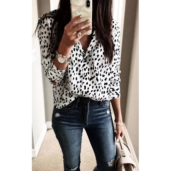 ECOWISH Long Sleeve Shirts for Women Button Down Casual Fall Tops V Neck Polka Dot Trendy Tunic Dressy Fashion Spring Blouse2351 White