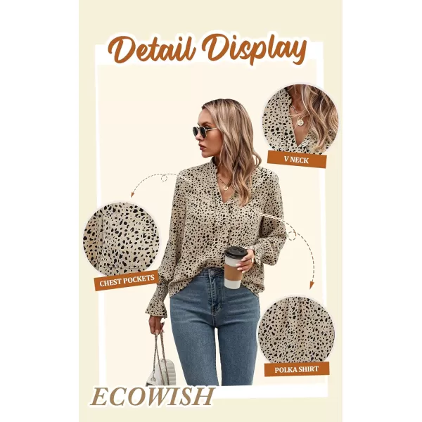 ECOWISH Long Sleeve Shirts for Women Button Down Casual Fall Tops V Neck Polka Dot Trendy Tunic Dressy Fashion Spring BlouseBeige Black