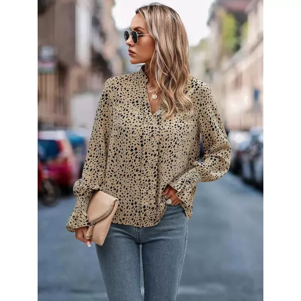ECOWISH Long Sleeve Shirts for Women Button Down Casual Fall Tops V Neck Polka Dot Trendy Tunic Dressy Fashion Spring BlouseBeige Black