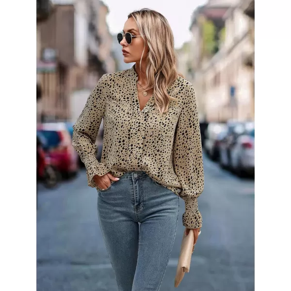 ECOWISH Long Sleeve Shirts for Women Button Down Casual Fall Tops V Neck Polka Dot Trendy Tunic Dressy Fashion Spring BlouseBeige Black