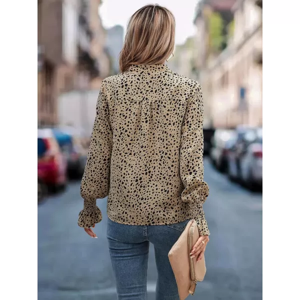 ECOWISH Long Sleeve Shirts for Women Button Down Casual Fall Tops V Neck Polka Dot Trendy Tunic Dressy Fashion Spring BlouseBeige Black