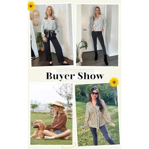 ECOWISH Long Sleeve Shirts for Women Button Down Casual Fall Tops V Neck Polka Dot Trendy Tunic Dressy Fashion Spring BlouseBeige Black