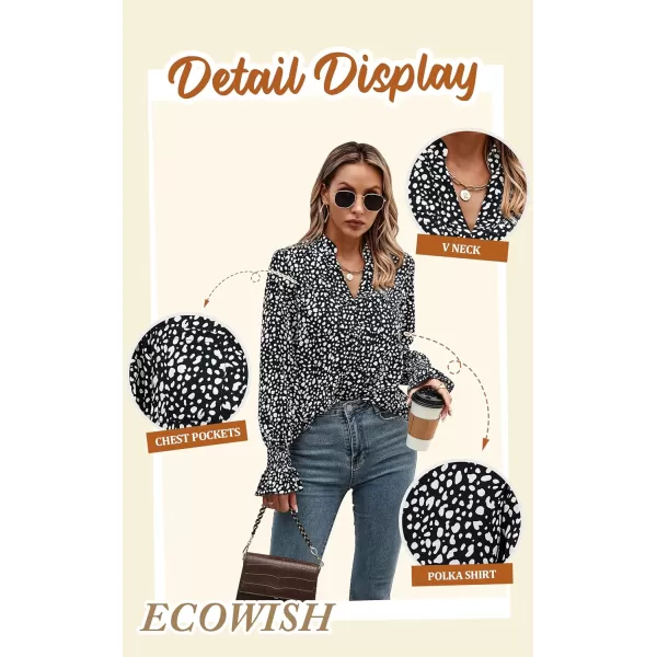 ECOWISH Long Sleeve Shirts for Women Button Down Casual Fall Tops V Neck Polka Dot Trendy Tunic Dressy Fashion Spring BlouseBlack White